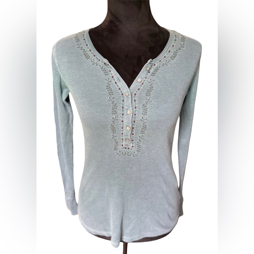 Lucky Brand Teal Longsleeve 3/4 button down with embroidered details, Small